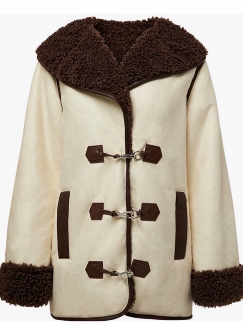 WeWoreWhat Cream Faux Shearling Coat with Chocolate Trim